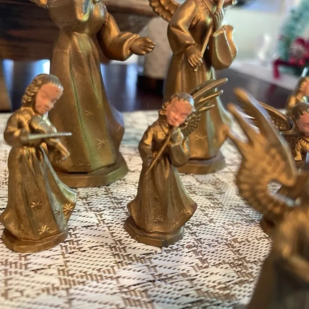 Vintage 50’s set of 8 gold  holiday angels plastic figurines Hong Kong